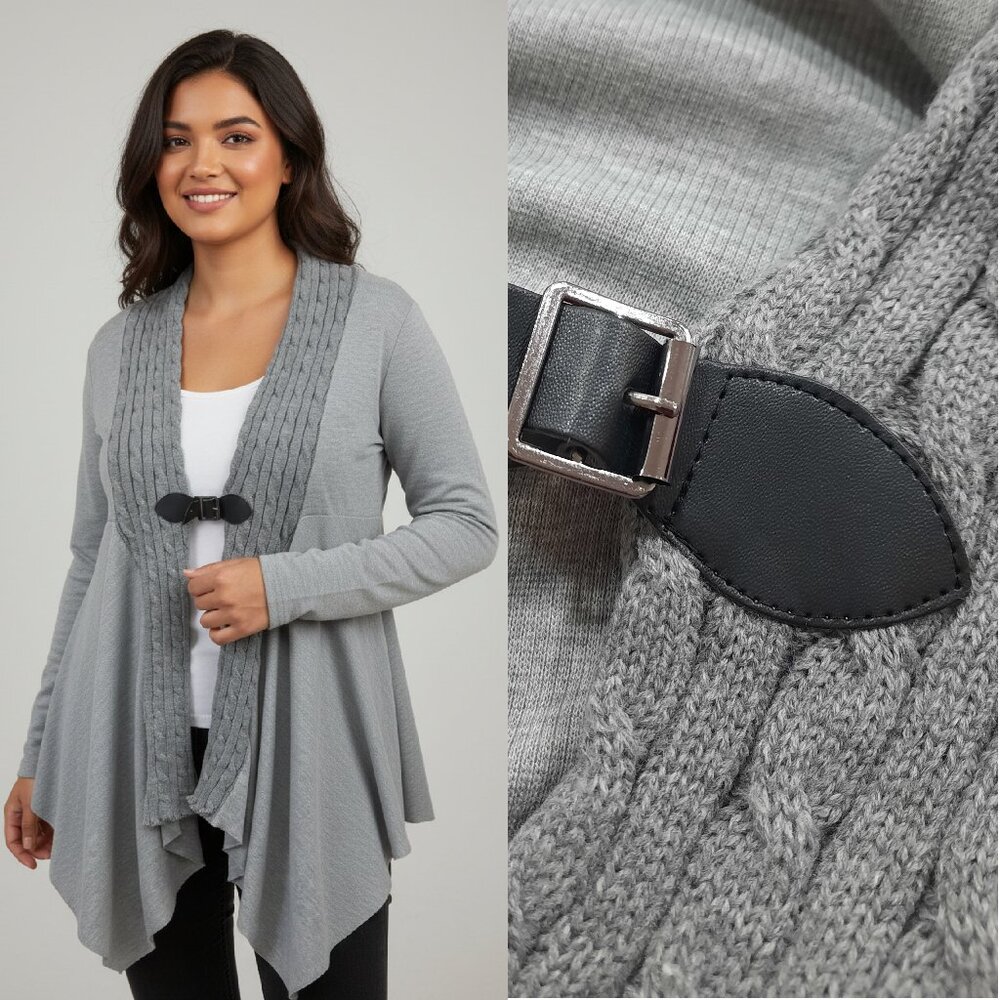 Cable knit buckle front cardigan sweater